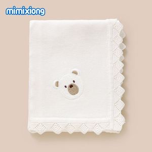 2024 Mimixiong OEKO Tex Cotton Knitted Ruffle Edge Embroidery <b>Cute</b> <b>Bear</b> Newborn Baby Swaddle Bedding Blankets - Product Image 3