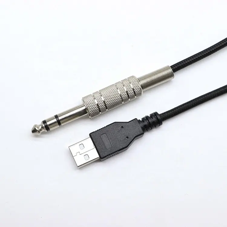 Woven mesh 6.35mm Male Mono AUX Audio Plug Jack to USB 2.0 male Converter Cable