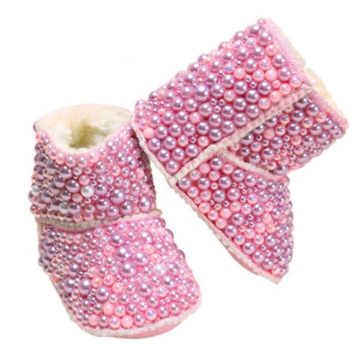 Модные элегантные Детские ботильоны с розовым жемчугом, теплые зимние плюшевые ботинки для малышей, детские ботинки для девочек