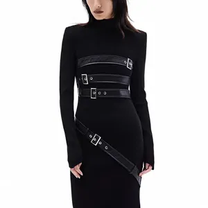 TWOTWINSTYLE Patchwork Belt Minimalist Dresses Stand Collar Long Sleeve Slimming Dress For Women