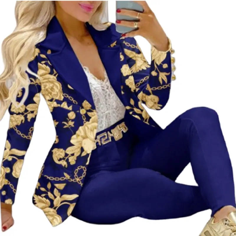 C8035 Latest Design Long Sleeve Ladies Formal Suits Womens Blazer And Pants Set Printing Womens Suits & Tuxedo