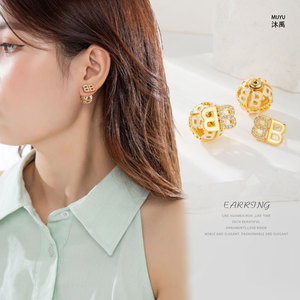 MUYU Double Letter Stud <b>Earrings</b> Gold Micro Insert 14k Gold <b>Post</b> Party Fashion Jewelry - Product Image 1