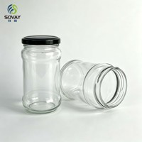Pot en verre transparent de 300 ml avec logo personnalisé, corps légèrement bombé, bocal en verre à bouche filetée pour l'emballage de condiments gastronomiques