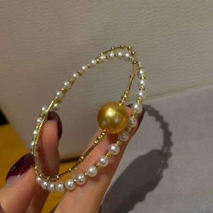 Double Layer Pearl Cuff Bangle With 10-11mm Rich Tea Golden Pearl & 3.5-4mm Aurora Baby Pearl, 925 Silver Elegant Luxury Jewelry - Product Image 2