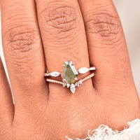 Conjunto de anillo de compromiso de ágata de musgo verde en forma de ataúd, conjunto de anillo nupcial de ágata de musgo de Plata de Ley 925, anillo de ágata de musgo y ópalo