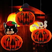 Ensemble de citrouilles d'Halloween en nid d'abeille-Lanternes lumineuses d'horreur en papier en forme de citrouille fordable pour la décoration de fête d'Halloween