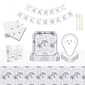 DAMAI Halloween Theme Little White Ghost and Gray Color Tableware Sets with Disposable Paper Dessert Plate Party Tableware Kits - Product Image 1
