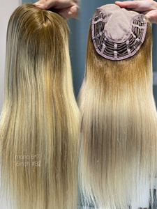Cabello humano recto europeo Remy de 16 pulgadas con base de seda completa y flequillo para mujer en stock - Product Image 1