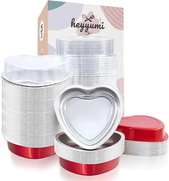 Mini aluminium Foil berbentuk hati CupCake Baking Pan liner Muffin wadah timah dengan tutup untuk Hari Valentine (merah)