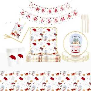 Ensemble de vaisselle jetable DAMAI pour fête de Noël, assiettes, serviettes, décorations rouges, pour 8 invités - Product Image 1