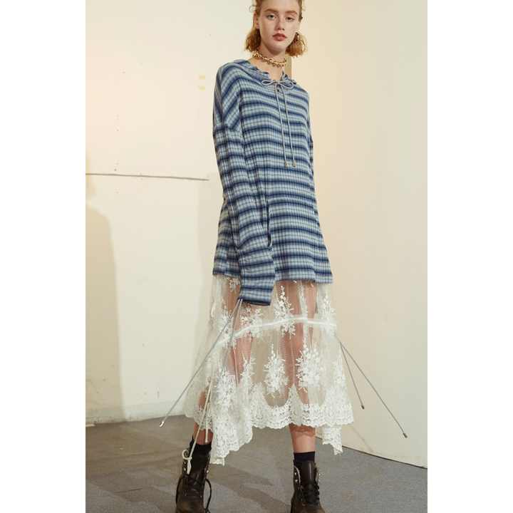 TD Floral Embroidered Straight Skirt Ruffles Breathable Empire Waistline Patchwork Design Silk Cotton Chiffon Knitted Fabrics XS