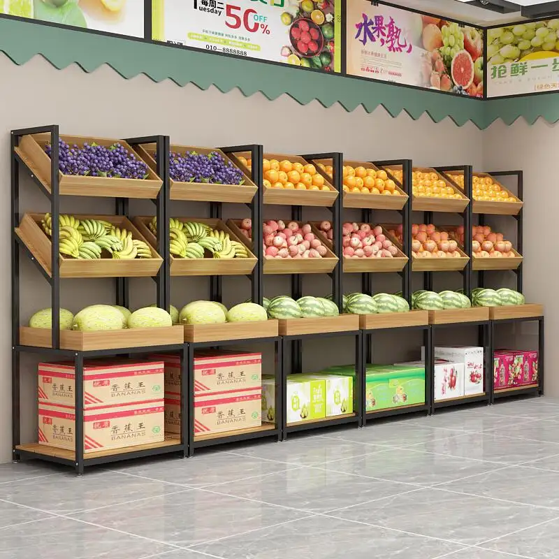 अनुकूलन फल प्रदर्शन तालिका सब्जी दुकान डिजाइन टिकाऊ लकड़ी किराने की दुकान शेल्फ
