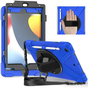 适用于iPad 10.2第9 2021重型彩色硅胶防摔坚固的平板电脑外壳，带肩带360旋转折叠支架