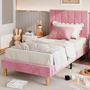 <span class=keywords><strong>Lit</strong></span> double en velours rose Plate-forme rembourrée Bandes <span class=keywords><strong>de</strong></span> bois robustes Tête <span class=keywords><strong>de</strong></span> <span class=keywords><strong>lit</strong></span> en métal silencieuse Assemblage facile pour rangement dans la chambre à coucher - Product Image 4