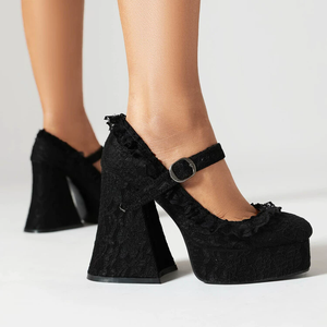 Zapatos de tacón alto con plataforma de encaje para mujer, zapatos Mary Jane con correa de hebilla, zapatos de vestir con punta cuadrada, zapatos de encaje antideslizantes para invierno - Product Image 4