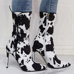 Botines de moda para mujer Milk Lines, botas de media pantorrilla con tacón alto y fino, botines sexys con punta en pico, cremallera lateral y cordones, zapatos de tacón para mujer - Product Image 3