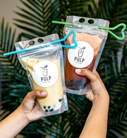 Kantong Minuman Sekali Pakai 250ml Transparan, Dapat Ditutup Kembali, Kemasan Smoothie Jus, Kantong Minuman dengan Sedotan
