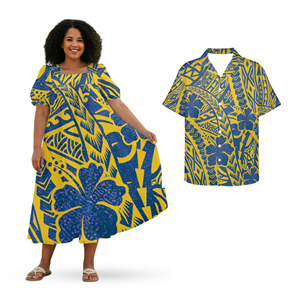 Conjunto de Ropa a Juego para Parejas con Estampado Tropical Azul de las Islas del Pacífico, Camisa Hawaiana para Hombre y Vestido Vintage con Corte Evase para Mujer - Product Image 2