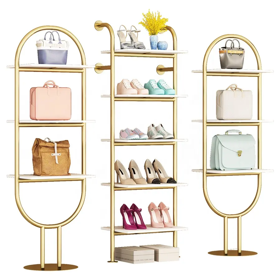 Store multi-layer shop furniture metal display stand Glossy stainless steel gold shoe bag display rack display shelf