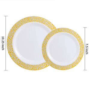 Service de vaisselle jetable écologique en plastique PS avec dentelle dorée de luxe, 25 pièces, comprenant une assiette à dessert de 7,5 pouces et une assiette à dîner de 10,25 pouces avec bord doré - Product Image 3