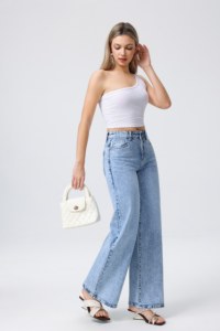 Jean en denim taille haute à jambe large pour femme, coupe ample, longueur intégrale, bleu délavé, style décontracté d'été - Product Image 3