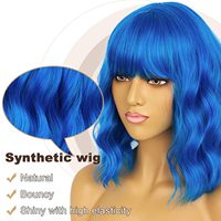 Wig Biru Wig Bob Pendek dengan Poni untuk Wanita Rambut Bergelombang Longgar Wig Biru Panjang Sebahu Wig Warna-warni Sintetis untuk Cosplay