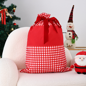 Kantong Kain Kanvas Santa Ukuran Ekstra Besar dengan Pita dan Motif Kotak-kotak, Tas Hadiah Natal dengan Tali Serut, Tas Dekorasi Liburan yang Dapat Digunakan Kembali untuk Anak-anak - Product Image 4