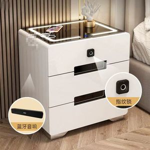 <b>Smart</b> Bedside Table With Fingerprint <b>Lock</b> Bluetooth Speaker Glass Top Modern Minimalist Design For Bedroom Home Use - Product Image 1