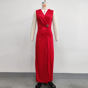 Elegant V-Neck Side Slit Pleated Waist <strong>Dress</strong> Maxi Evening <strong>Dress</strong> Gown Ball <strong>Dress</strong> - Product Image 3