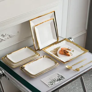 Restoran Hotel pernikahan porselen persegi piring hidangan penutup piring khusus keramik Nordik putih piring makan malam Set dengan emas Rim