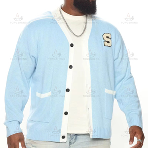 Custom Button V Neck College <strong>Cardigan</strong> Sweater for <strong>Men</strong> Letter Embroidery Ribbed Cuff <strong>Mens</strong> Varsity <strong>Cardigan</strong> Sweater <strong>With</strong> <strong>Pockets</strong> - Product Image 1