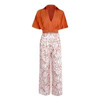 Setelan pakaian wanita dua potong, setelan baju Crop berkancing setengah lengan + celana kaki lebar motif, Set pakaian musim semi dan panas