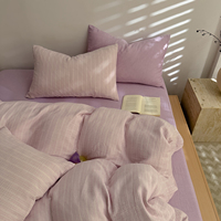 Selimut Kasur 100% Katun Krep 3 Pcs Set Motif Garis-garis, Kain Kasa Kerut, MOQ Rendah, Set Sprei Toko Butik Shopify