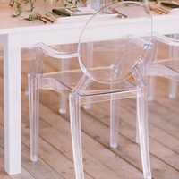 Chaises fantômes modernes à dos rond en acrylique pour événement avec bras, vente en gros, chaises de salle à manger de fête de mariage