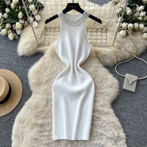 <span class=keywords><strong>Robe</strong></span> midi élégante en tricot fin pour femmes, sans manches, en dentelle, pour l'été - Product Image 1