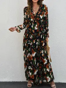 2024 Hot Selling Floral Print Floral Pleated Dress For Vacation V-neck Long Sleeved Dress