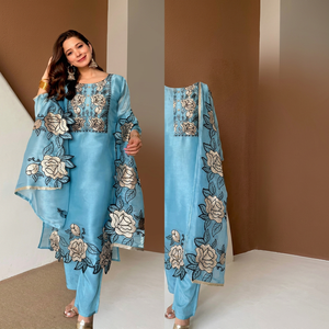 Blue Floral Embroidered <b>Kurti</b> Pant Set Traditional Indian Pakistani Outfit With Dupatta for Wedding Party Women - Product Image 1