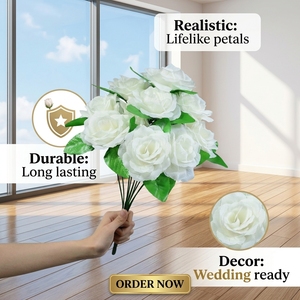 Bouquet di Rose Finte Piccole in Seta a 7 Teste con Foglie di Eucalipto da Spaccio Aziendale per Decorazione Casa Ufficio e Matrimonio - Product Image 2