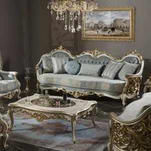 Внешние продажи Элегантные Синие тканевые комплекты диванов из массива дерева, классические дворцовые Роскошные комплекты диванов для гостиной