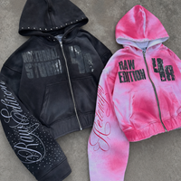 Ensemble de survêtement personnalisé avec sweat à capuche zippé 100% coton, impression DTG vieillie, strass, coupe oversize, pour hommes, effet délavé à l'acide