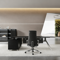 Bureau d'ordinateur moderne avec rangement, bureau ergonomique pour le bureau à domicile, bureau noir, bureau avec structure en acier inoxydable, bureau de direction