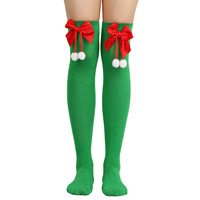 Chaussettes tricotées respirantes rayées rouge et vert pour femme, longues jusqu'au genou, avec nœud et pompon, pour l'hiver et Noël