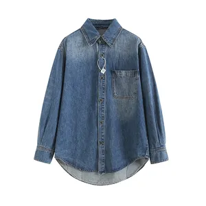 Cao Thấp Thiết Kế Denim Màu Xanh Dài Tay Áo Lần Lượt Xuống Cổ Áo Giản Dị Quần Jean Áo Sơ Mi Cho Phụ Nữ