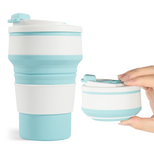 <b>Set</b> 2 Portable Collapsible Silicone <b>Mug</b> Reusable Foldable Travel Cup Leakproof Push Button Lid BPA Free Classic Style Coffee - Product Image 1