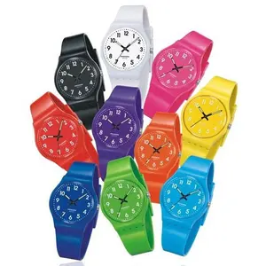 Jam tangan kuarsa plastik tali PU untuk anak, arloji warna Jelly murah tali PU tahan air untuk anak-anak