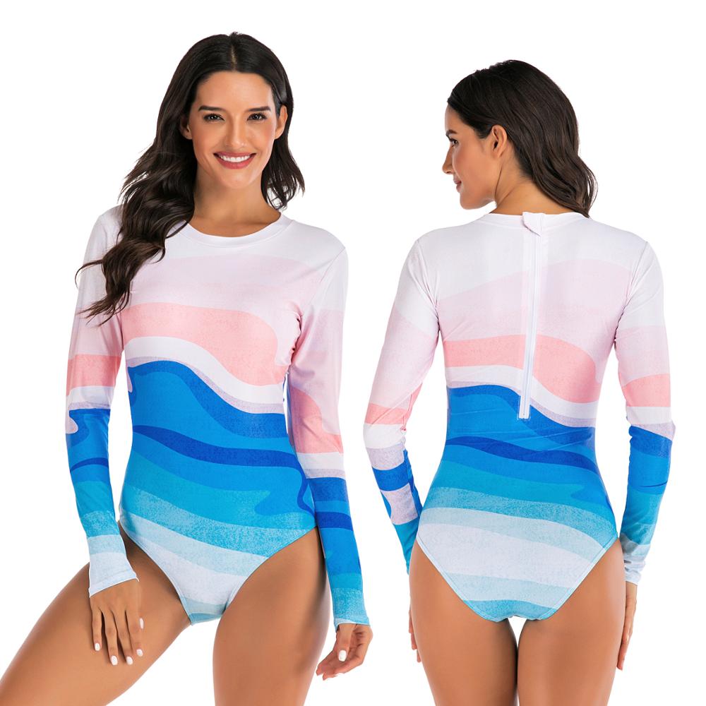 womens rash guard long sleeve zip UV protecting print surfing swimsuit swimwear bathing suits