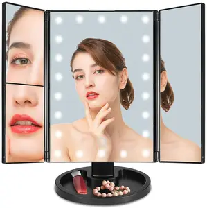 PRITECH Cosmetic Makeup Mirror OEM Customized 21 LED Light USB Charge Battery Powered Folding Square Chrome Desktop Mirror