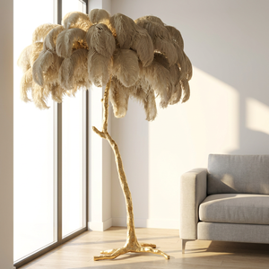Lámpara de Pie Moderna de Lujo con <span class=keywords><strong>Plumas</strong></span> de Avestruz, Diseño de Palmera Dorada, Luz LED para Sala de Estar, Dormitorio, Hotel, Villa, Decoración de Esquina para el Hogar - Product Image 1