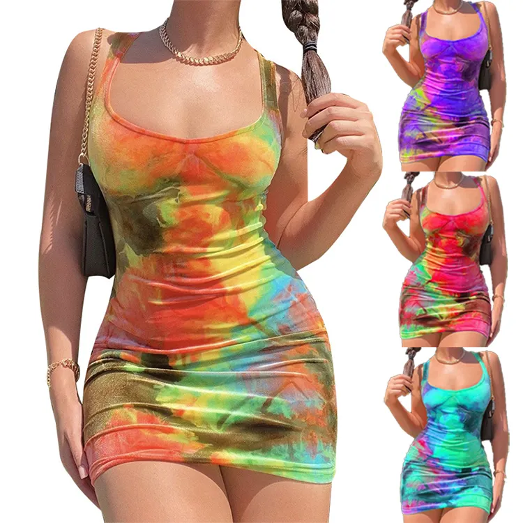 Summer new women's sling round neck slim fit bag hip fashion tie dye short dress female street & club wear