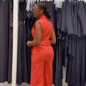 Completo estivo due pezzi europeo-americano, arancione accattivante, vestibilità ampia, taglie forti, senza maniche, pantaloni a gamba <span class=keywords><strong>larga</strong></span> - Product Image 4